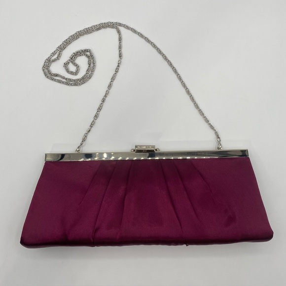 Gunne Sax Satin Pleated Burgundy Evening Bag Clutch with Silver Chain Hardware - Picture 1 of 12
